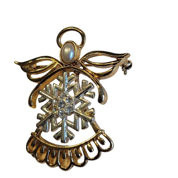 Vintage Angel Snowflake Brooch Gold Tone Rhinestone & Faux Pearl Christmas Pin - Picture 7 of 7